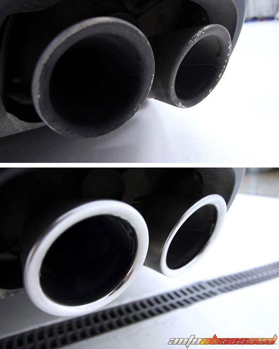 Clean chrome exhaust tips. P21S Polishing Soap made this success story