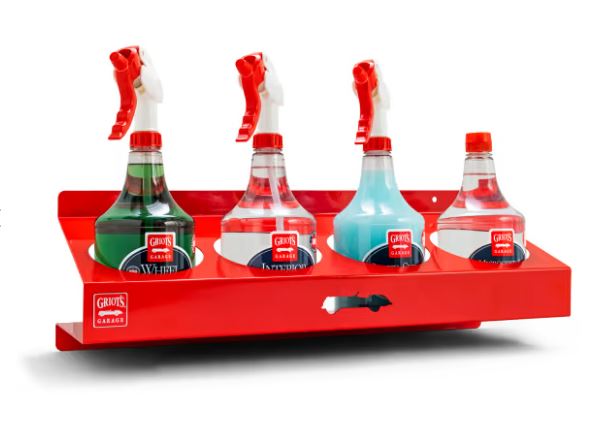 Griot's Garage 35 oz Bottle Rack wall organizer with bottles in rack available at Auto Obsessed Canada